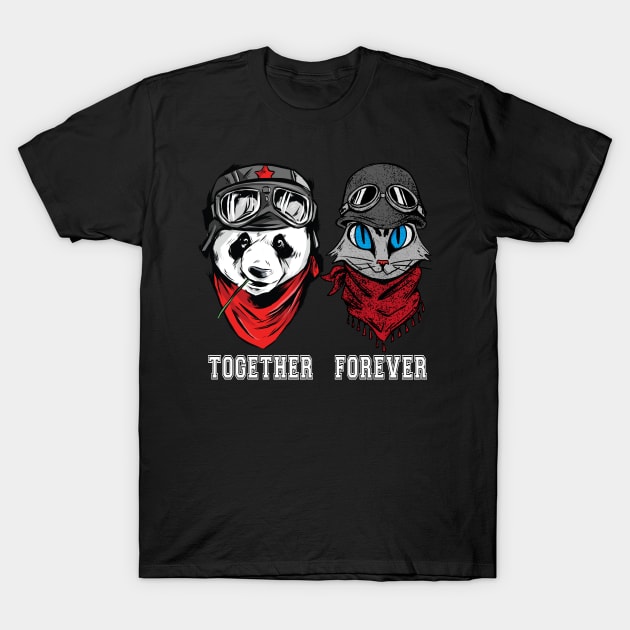 Cute Panda and cat couple in helmet and goggles with the words together forever. T-Shirt by AJ techDesigns